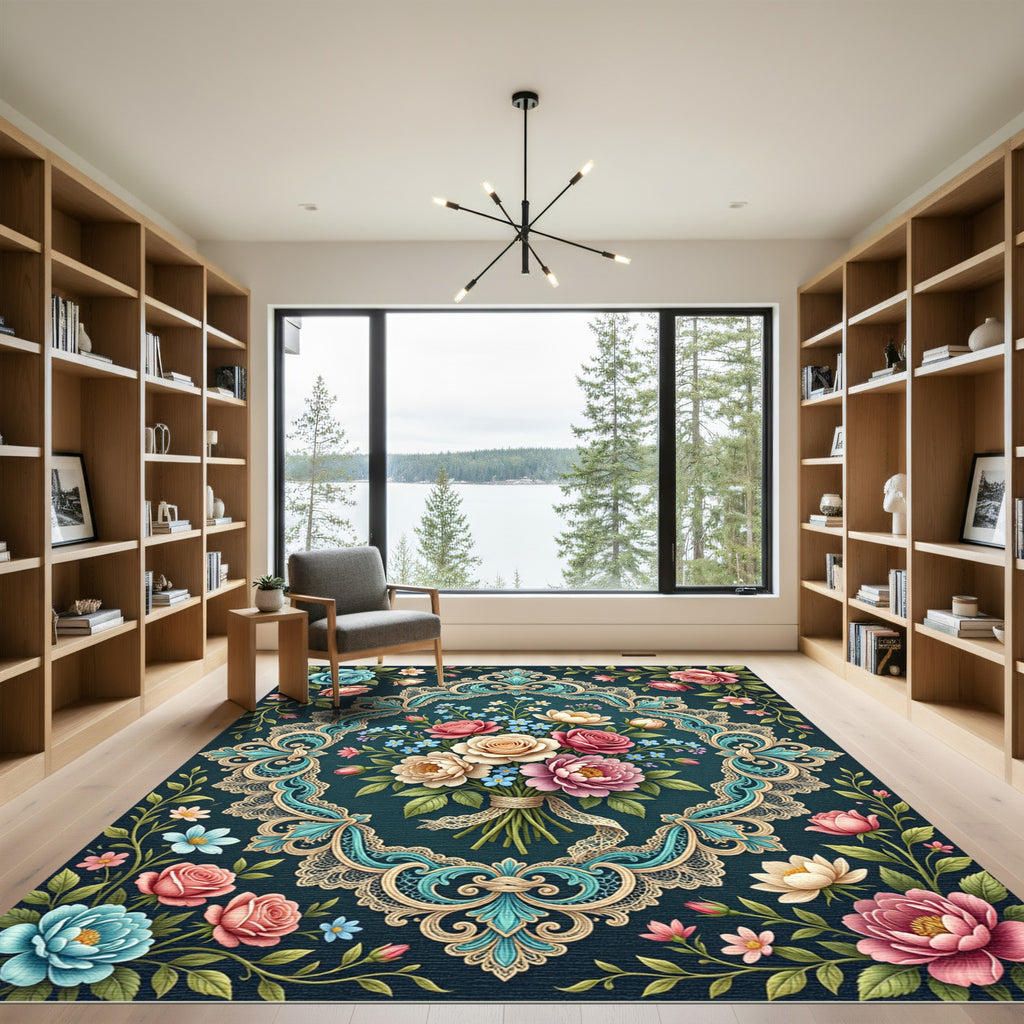 Ornate Blue Floral Bouquet Medallion Rug