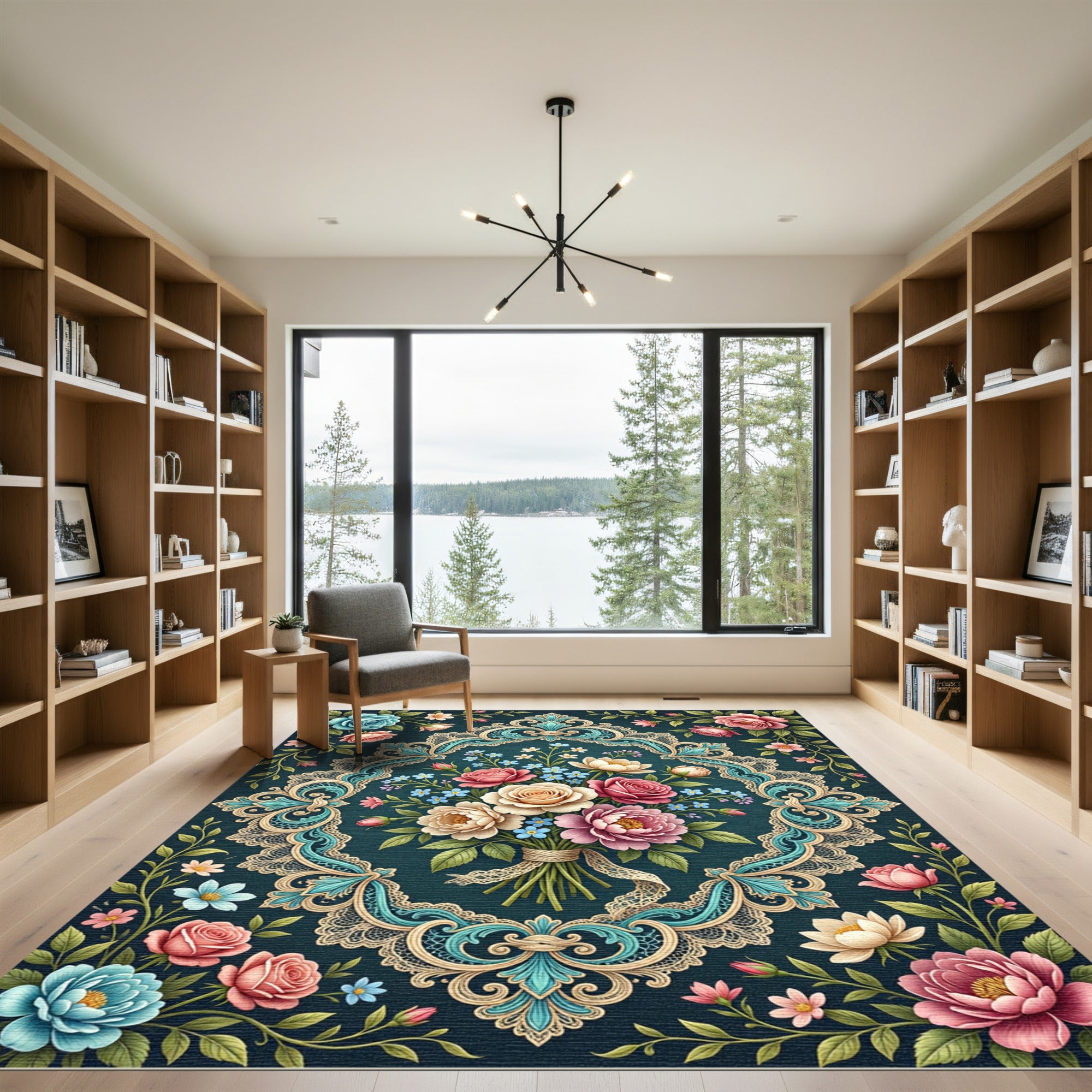 Ornate Blue Floral Bouquet Medallion Rug