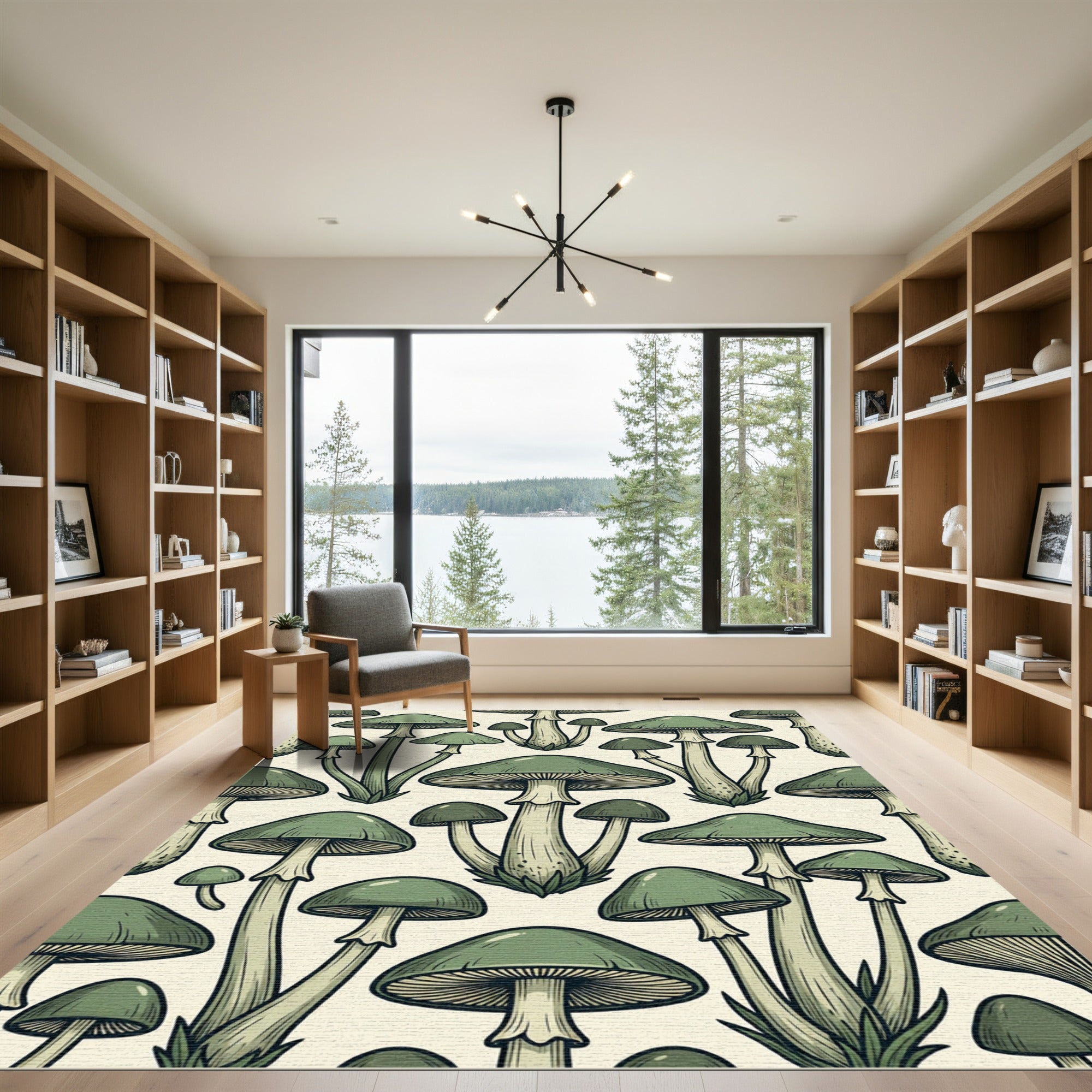 Sage Green Botanical Mushroom Illustration Rug