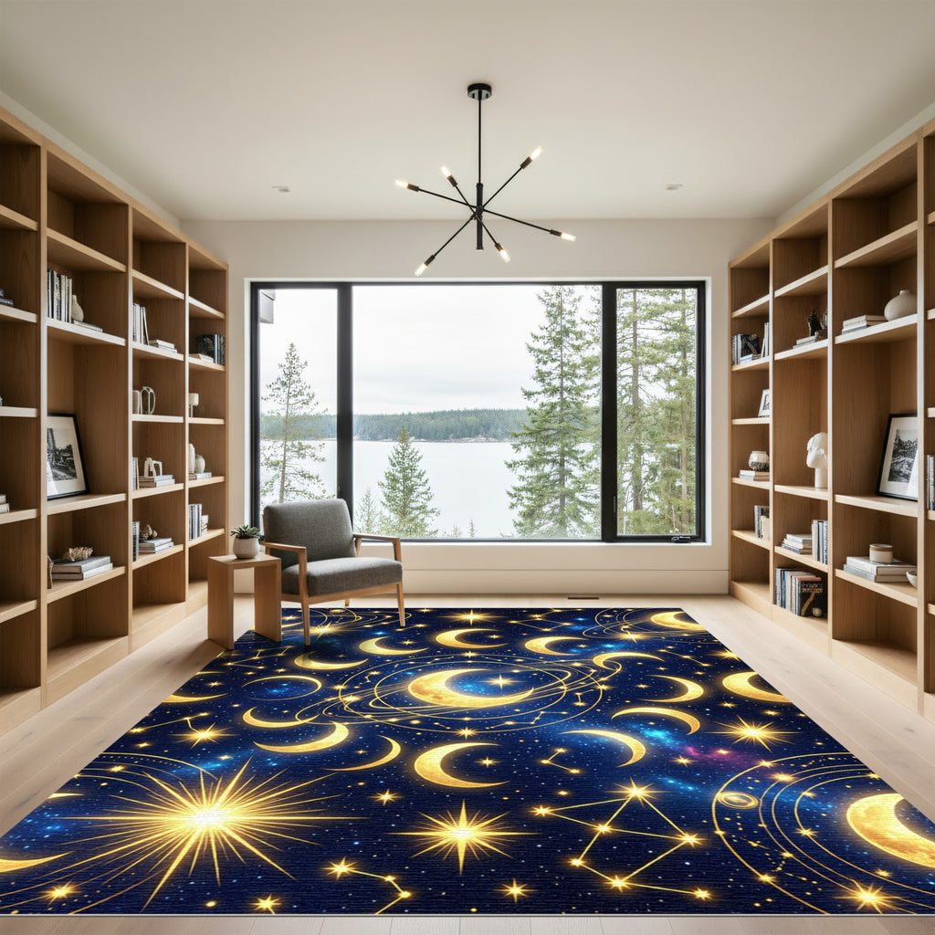 Celestial Golden Moon and Starry Night Rug
