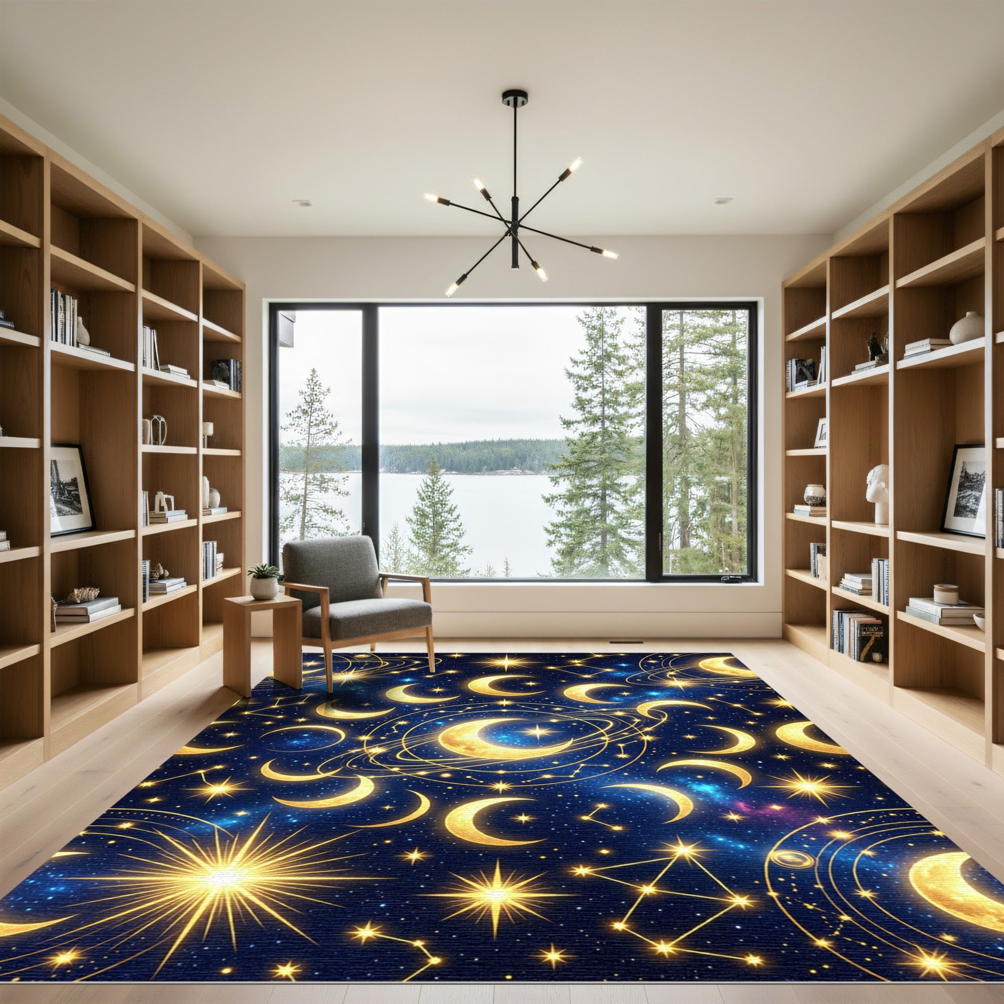 Celestial Golden Moon and Starry Night Rug