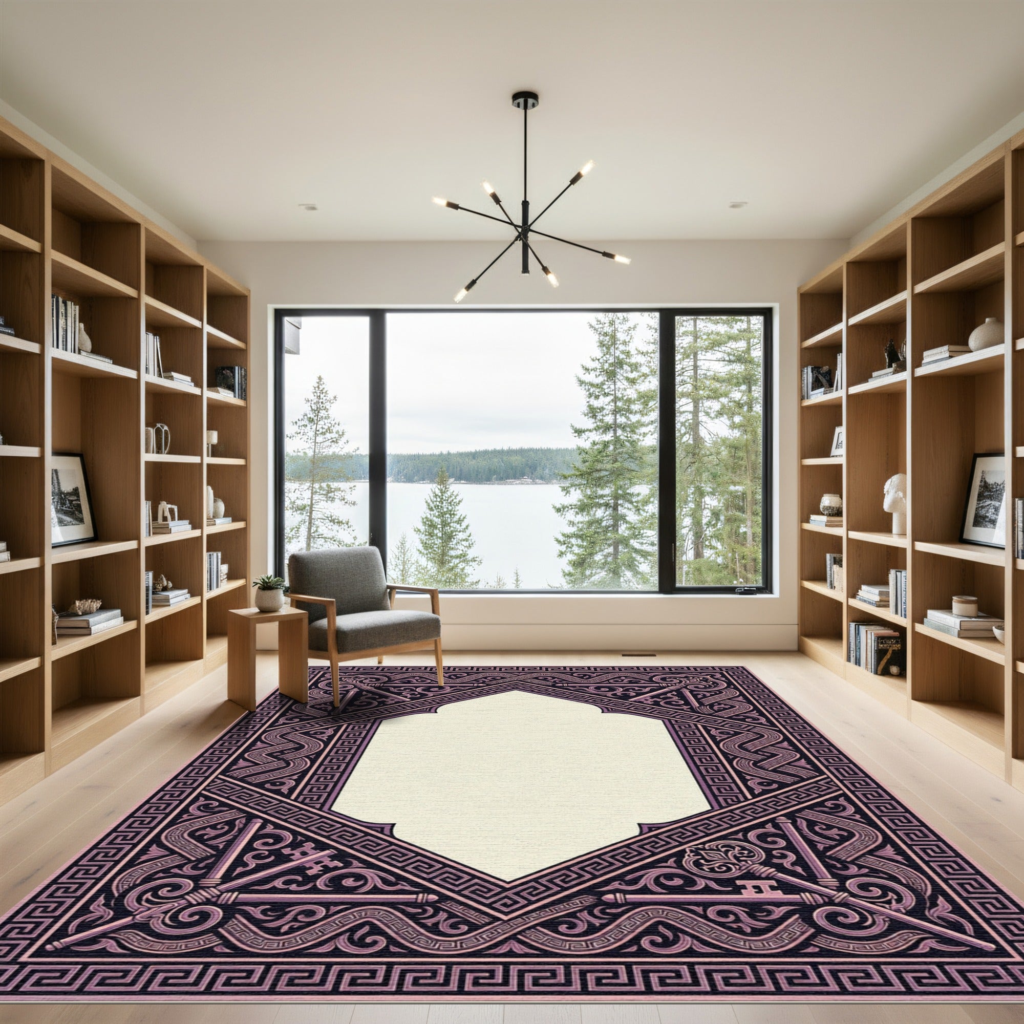 Ornate Pink Key Geometric Border Rug