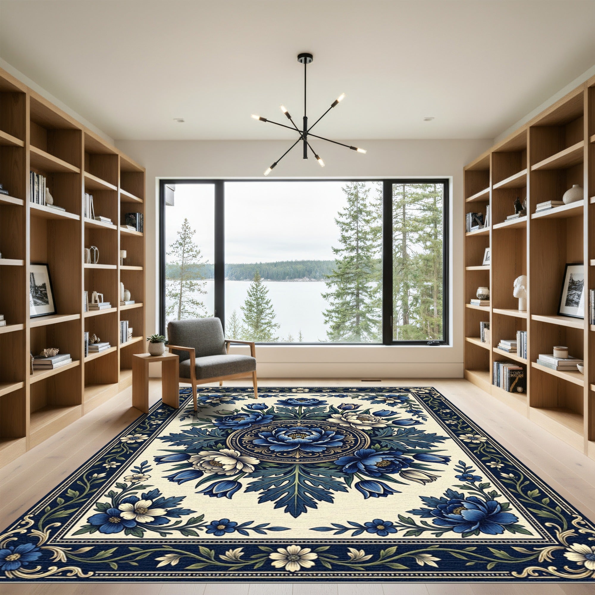 Elegant Navy Floral Medallion Garden Rug