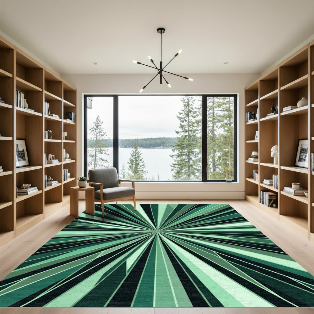 Radiant Green Sunburst Geometric Rug