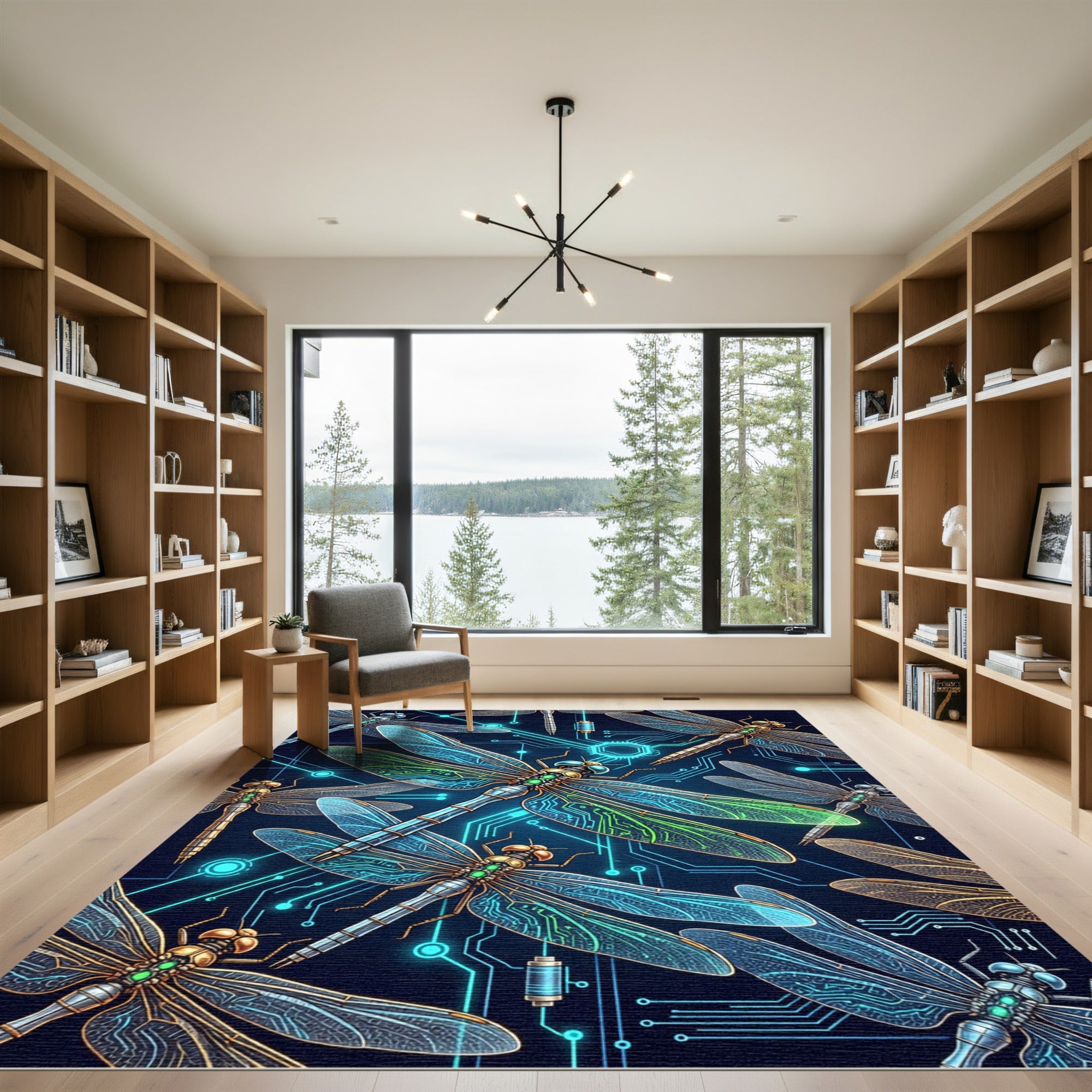 Neon Cyber Dragonfly Circuitry Art Rug
