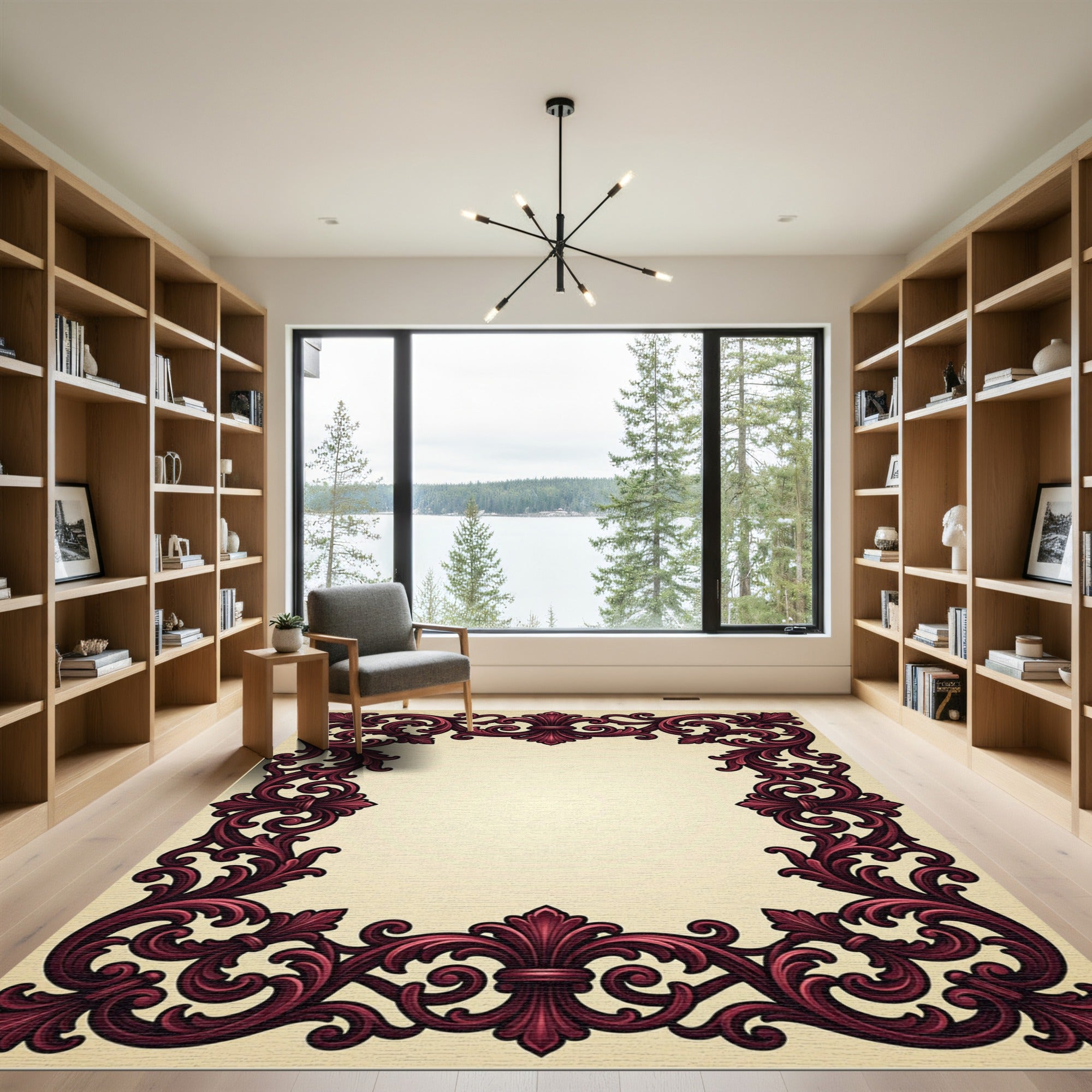 Ornate Deep Burgundy Baroque Scroll Frame Rug