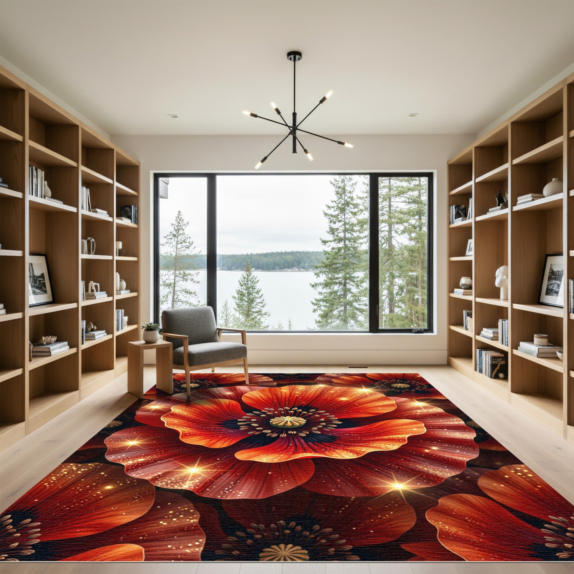 Vibrant Red Sparkling Poppy Floral Rug