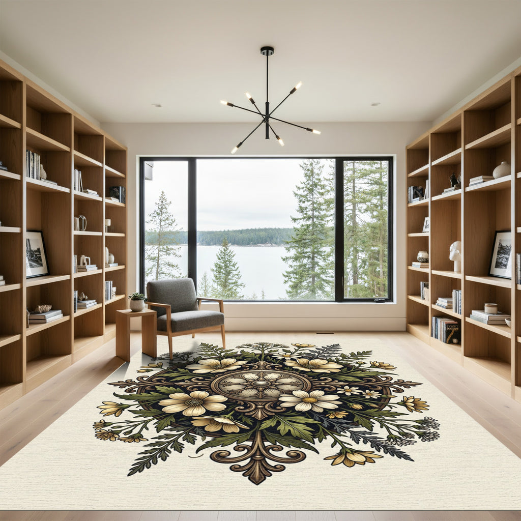 Elegant Cream Botanical Medallion Floral Rug