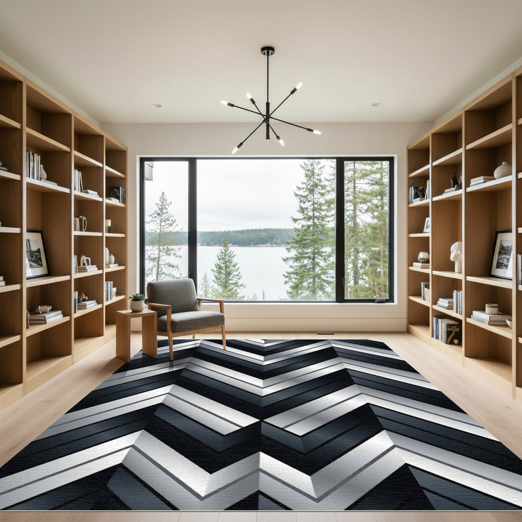 Metallic Silver and Black Geometric Chevron Rug