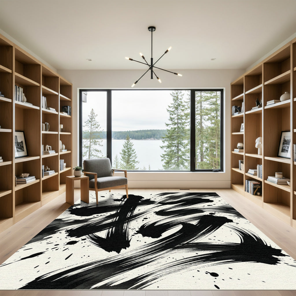 Bold Black Ink Splash Brushstrokes Rug