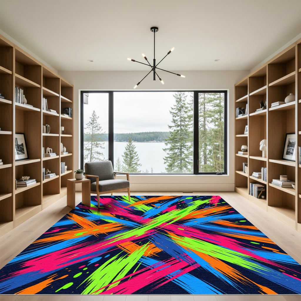 Vibrant Neon Abstract Brushstroke Splash Rug