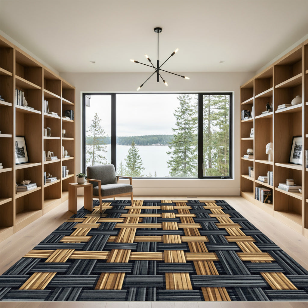 Woven Gold Black Intersecting Threads Rug