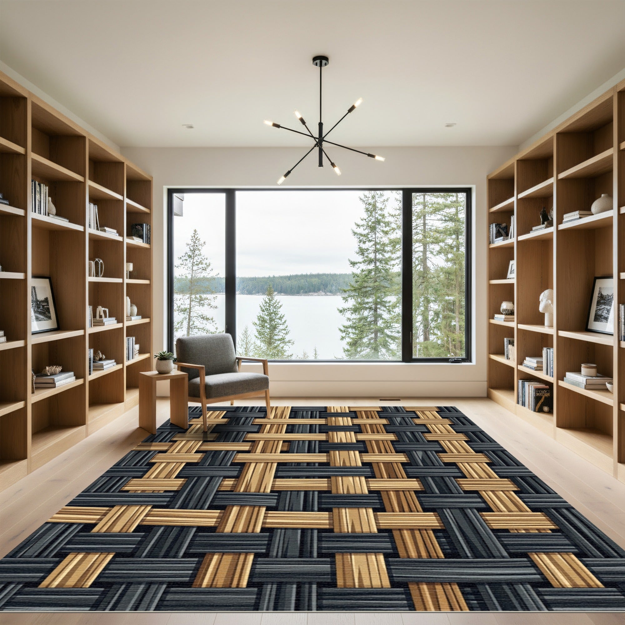 Woven Gold Black Intersecting Threads Rug
