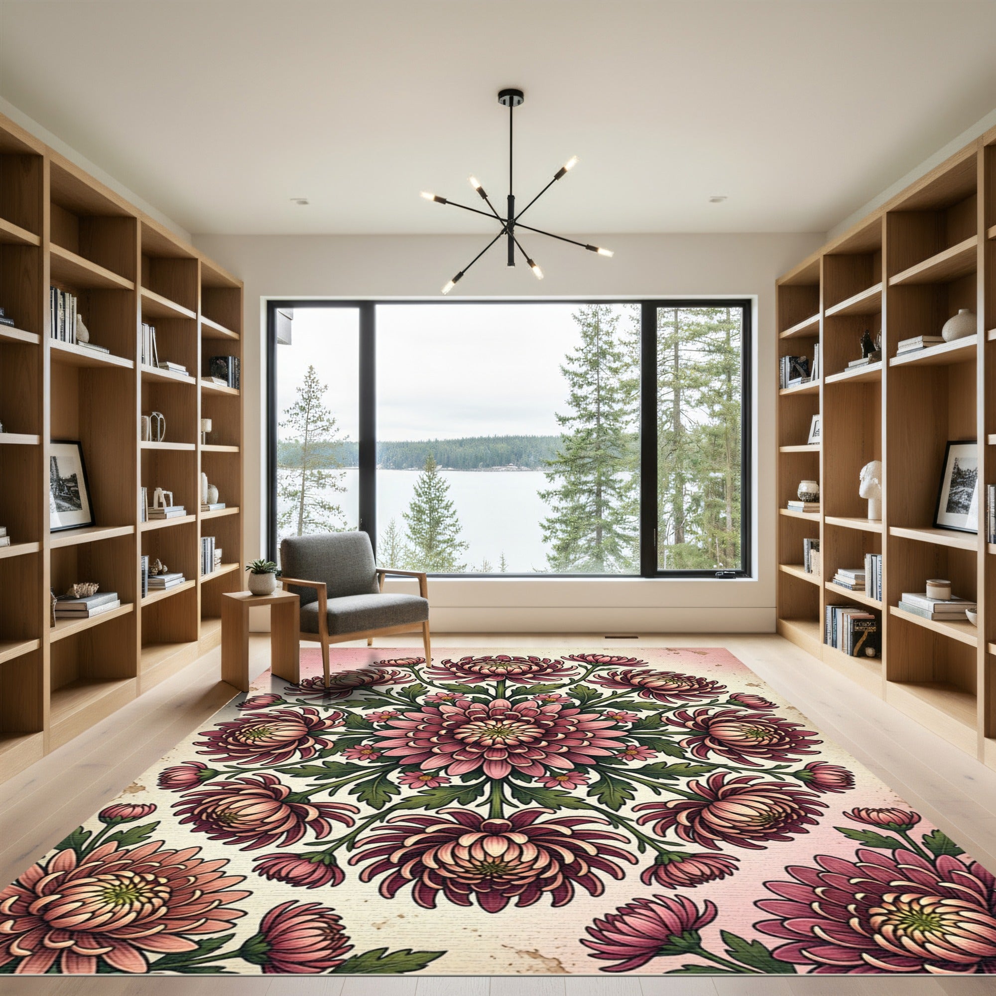 Vintage Pink Chrysanthemum Floral Mandala Rug