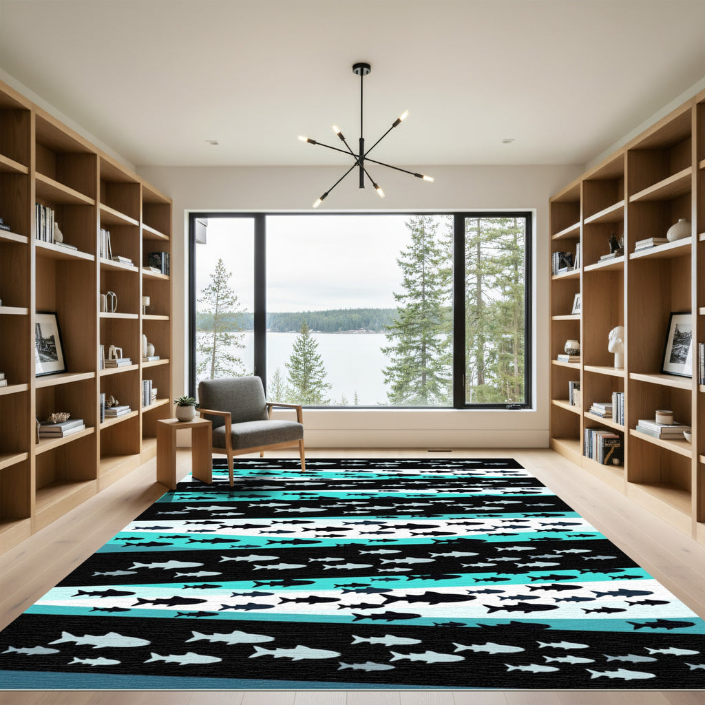 Schooling Fish Black Teal Stripes Rug