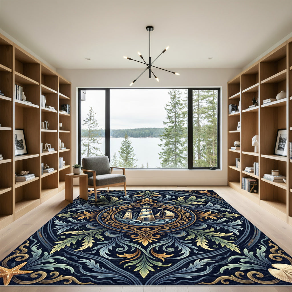 Coastal Nautical Lighthouse Ornate Medallion Rug