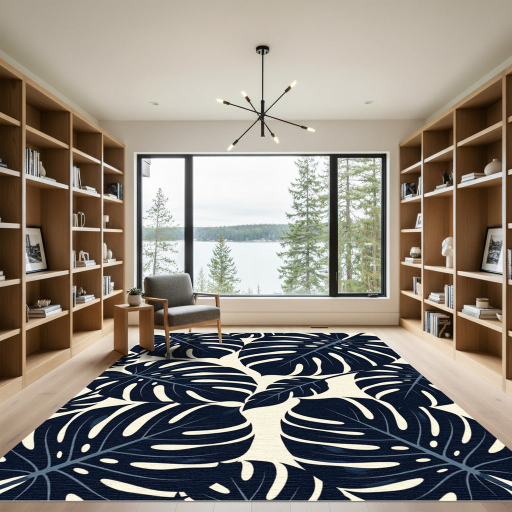 Deep Navy Monstera Tropical Leaves Rug