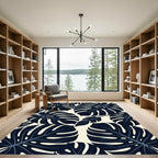 Deep Navy Monstera Tropical Leaves Rug