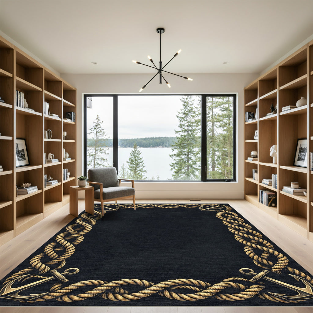 Golden Nautical Anchor Rope Border Rug