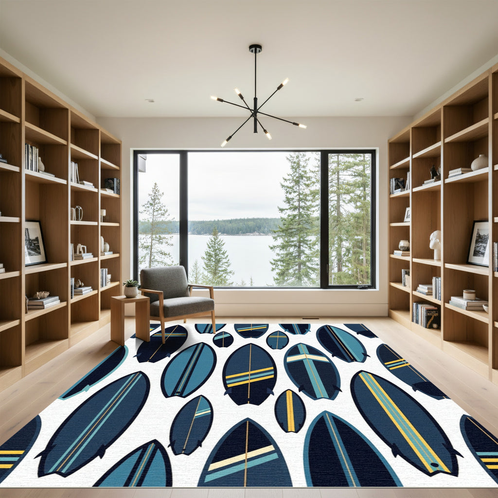 Navy Surfboard Geometric Coastal Illustration Rug