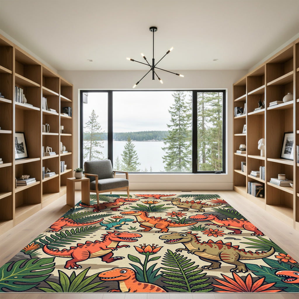 Playful Orange Dinosaur and Tropical Flora Rug