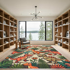 Playful Orange Dinosaur and Tropical Flora Rug