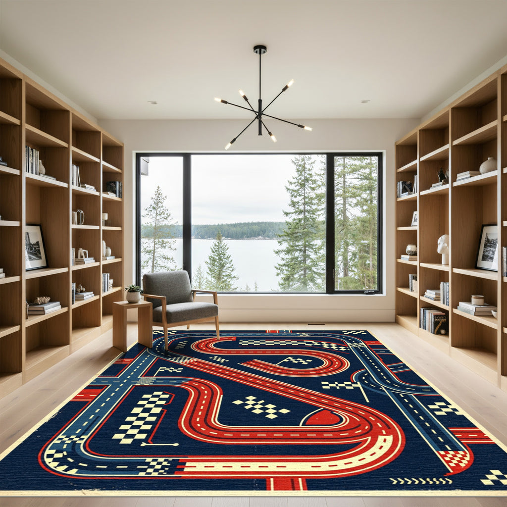 Retro Abstract Racing Track Midnight Blue Rug