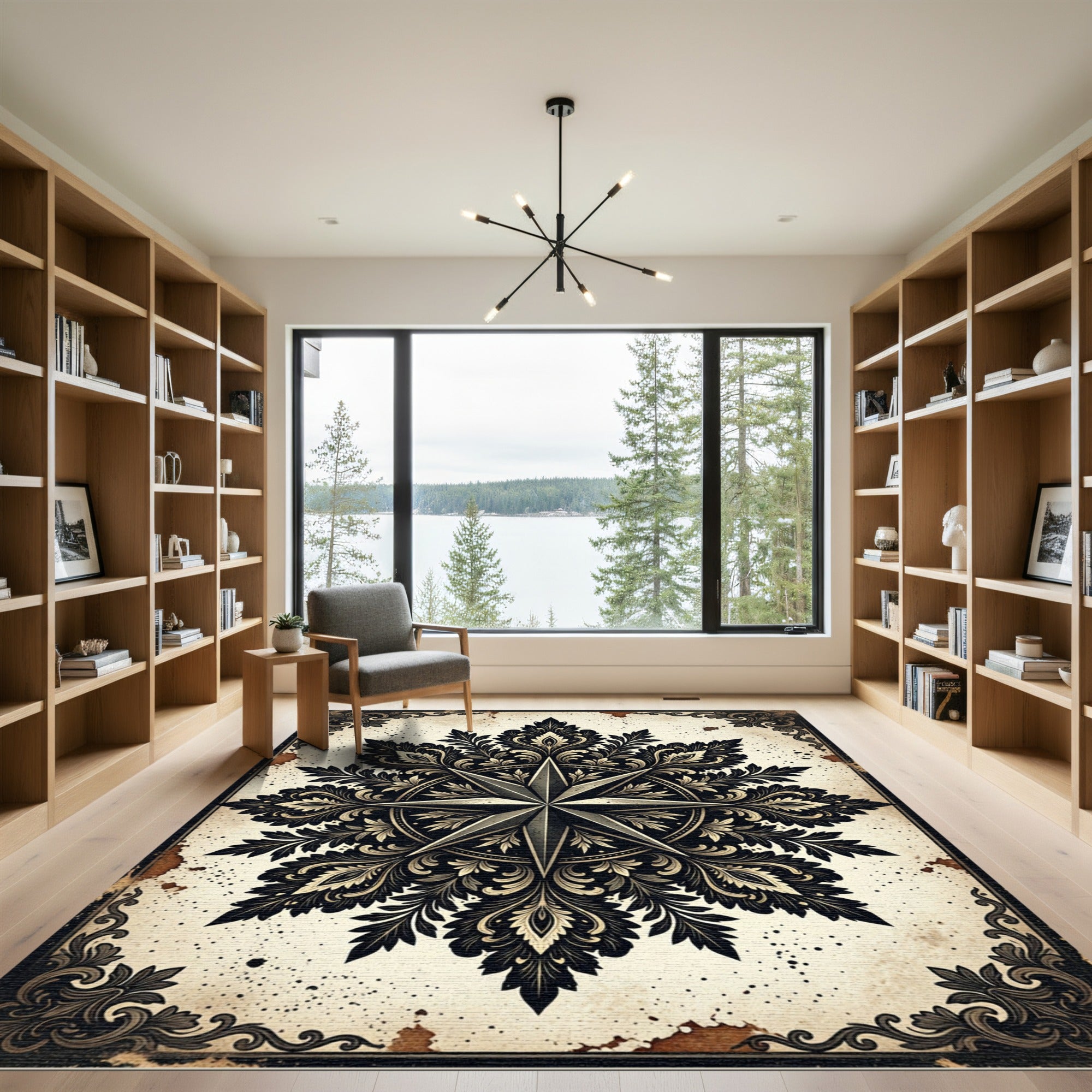 Gothic Ink Black Star Floral Medallion Rug