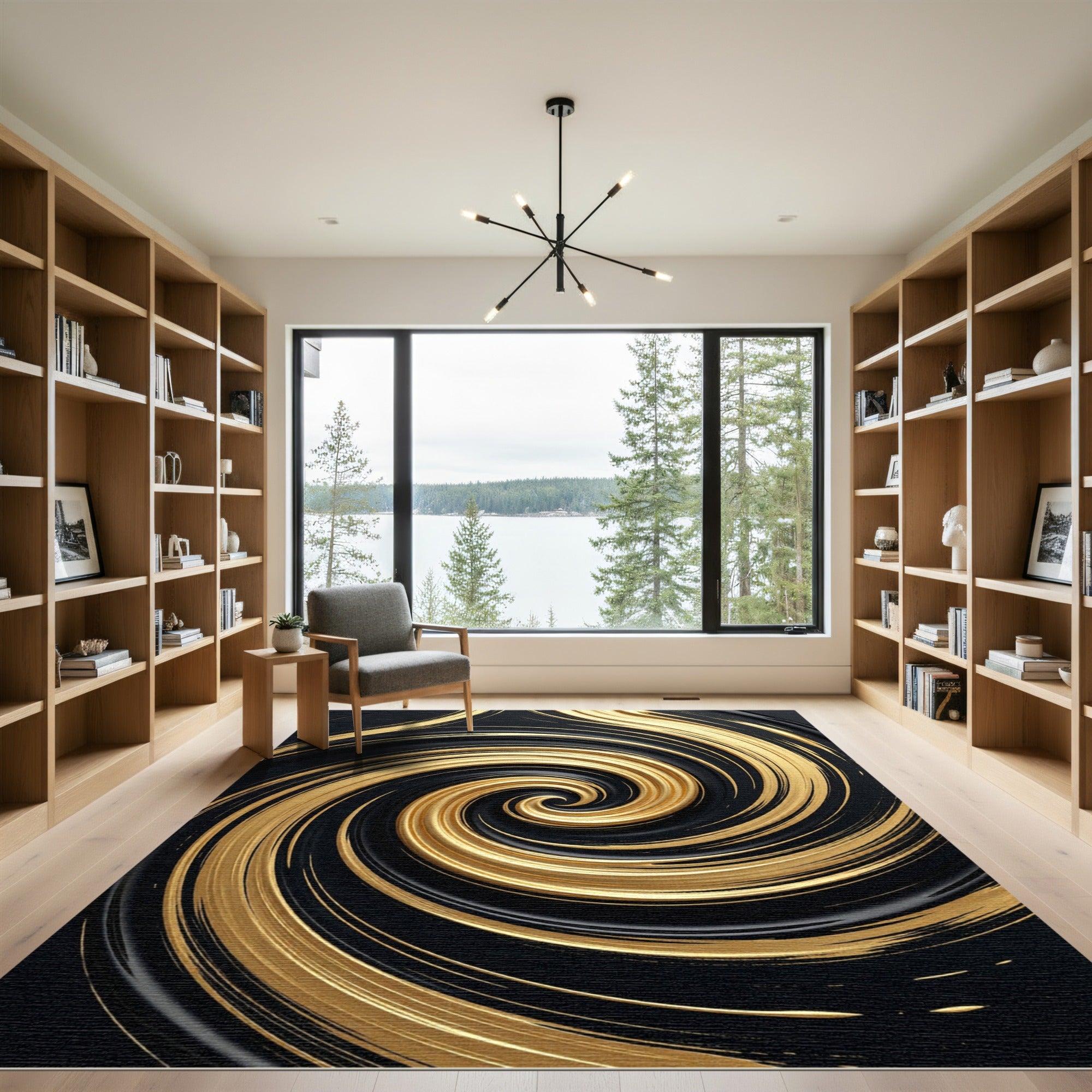 Luxurious Golden Swirl Abstract Flow Rug