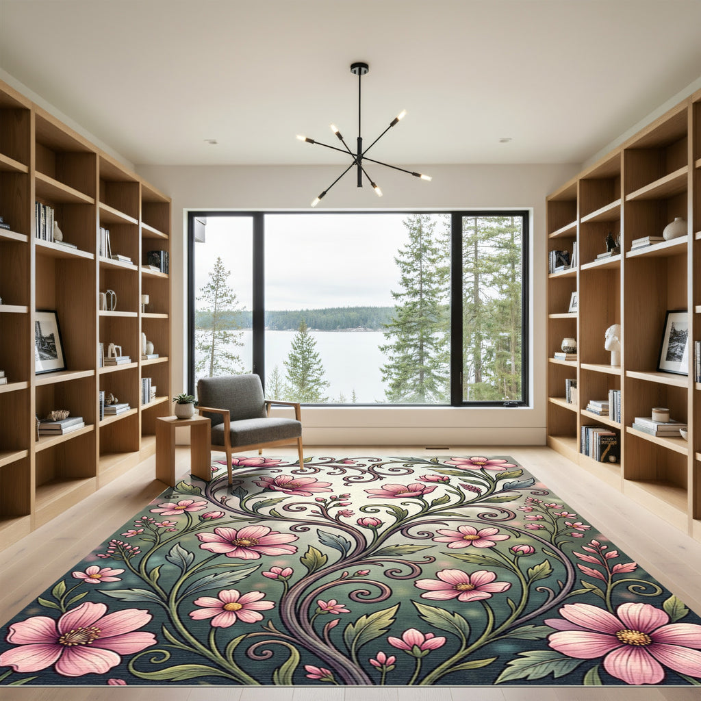 Elegant Pink Floral Scroll Area Rug
