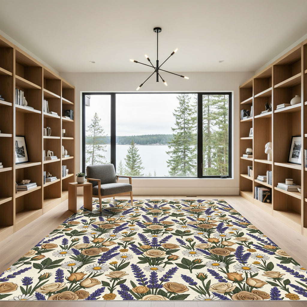 Tan Rose Lavender Daisy Bouquet Rug