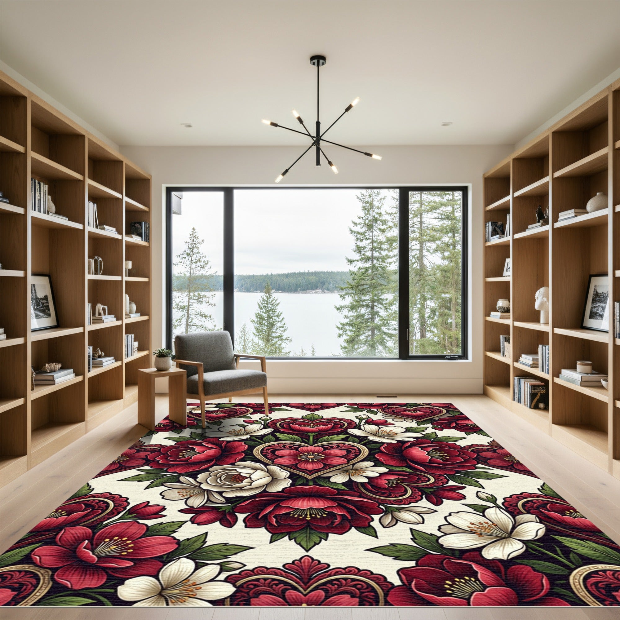 Crimson White Floral Heart Bouquet Rug