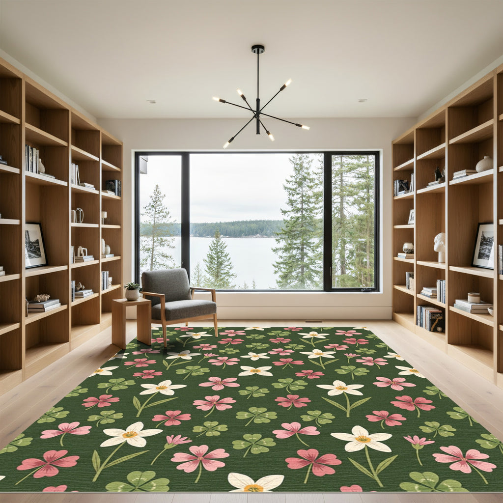 Botanical Clover and White Flower Forest Rug