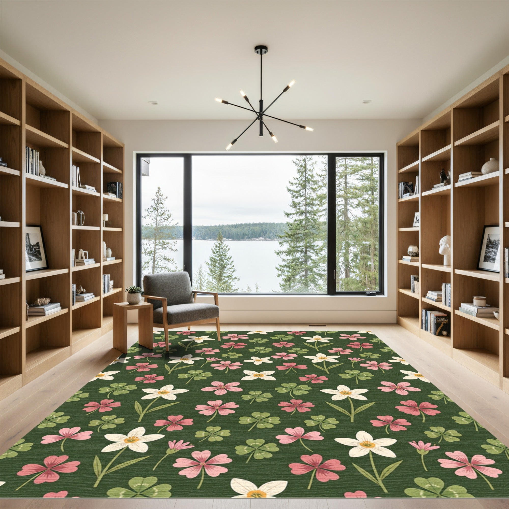 Botanical Clover and White Flower Forest Rug