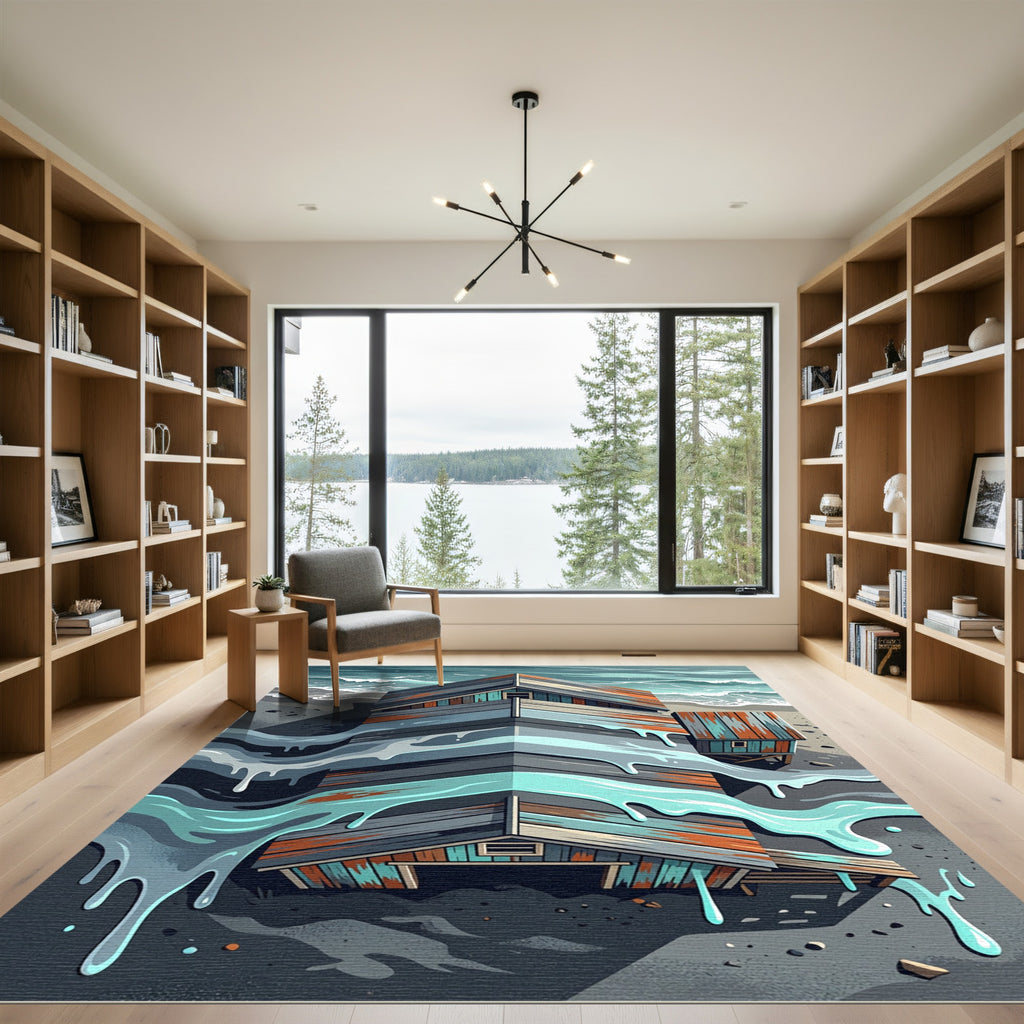 Abstract Coastal Cabin Painted Wood Landscape Rug