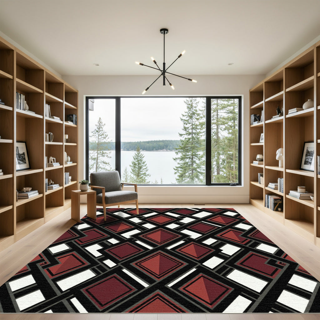 Geometric Crimson Diamond Lattice Grid Rug