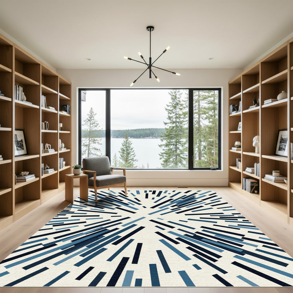Modern Navy Blue Abstract Radial Lines Rug