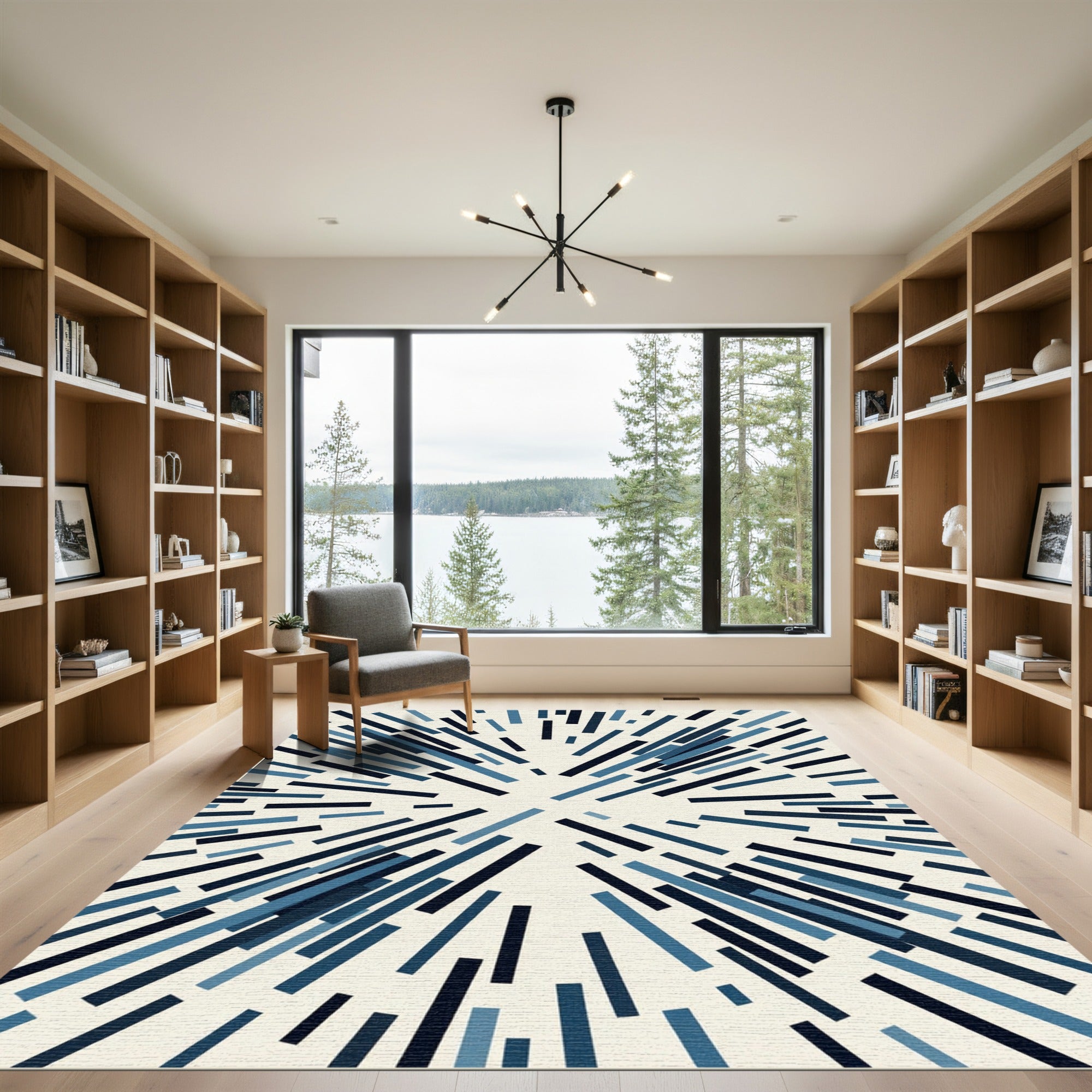 Modern Navy Blue Abstract Radial Lines Rug