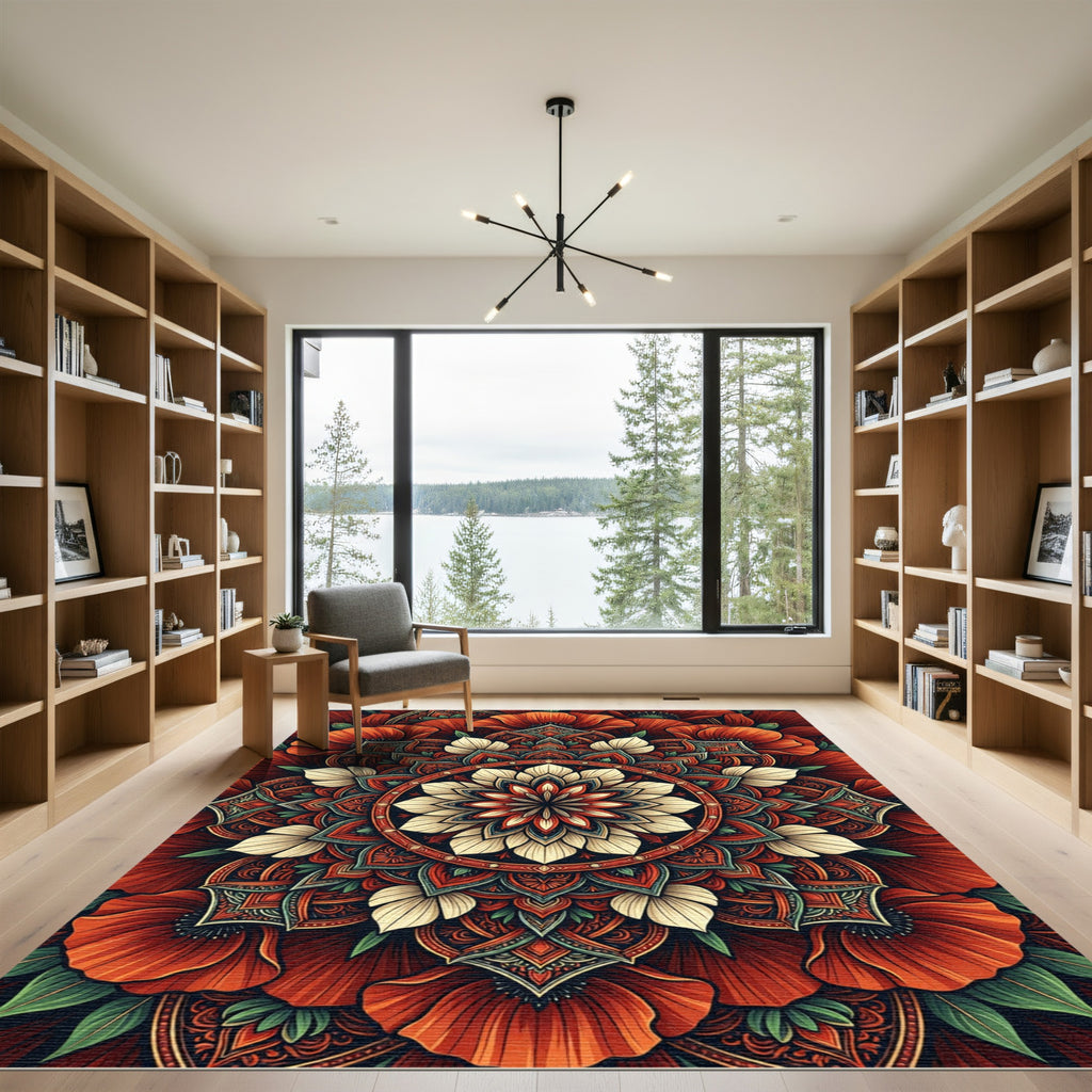 Vibrant Red Orange Floral Mandala Rug