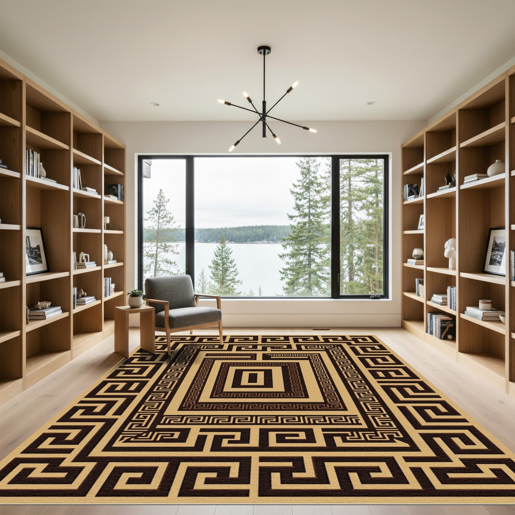 Geometric Sepia Greek Key Border Rug
