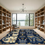 Midnight Navy Golden Folk Cat Art Rug