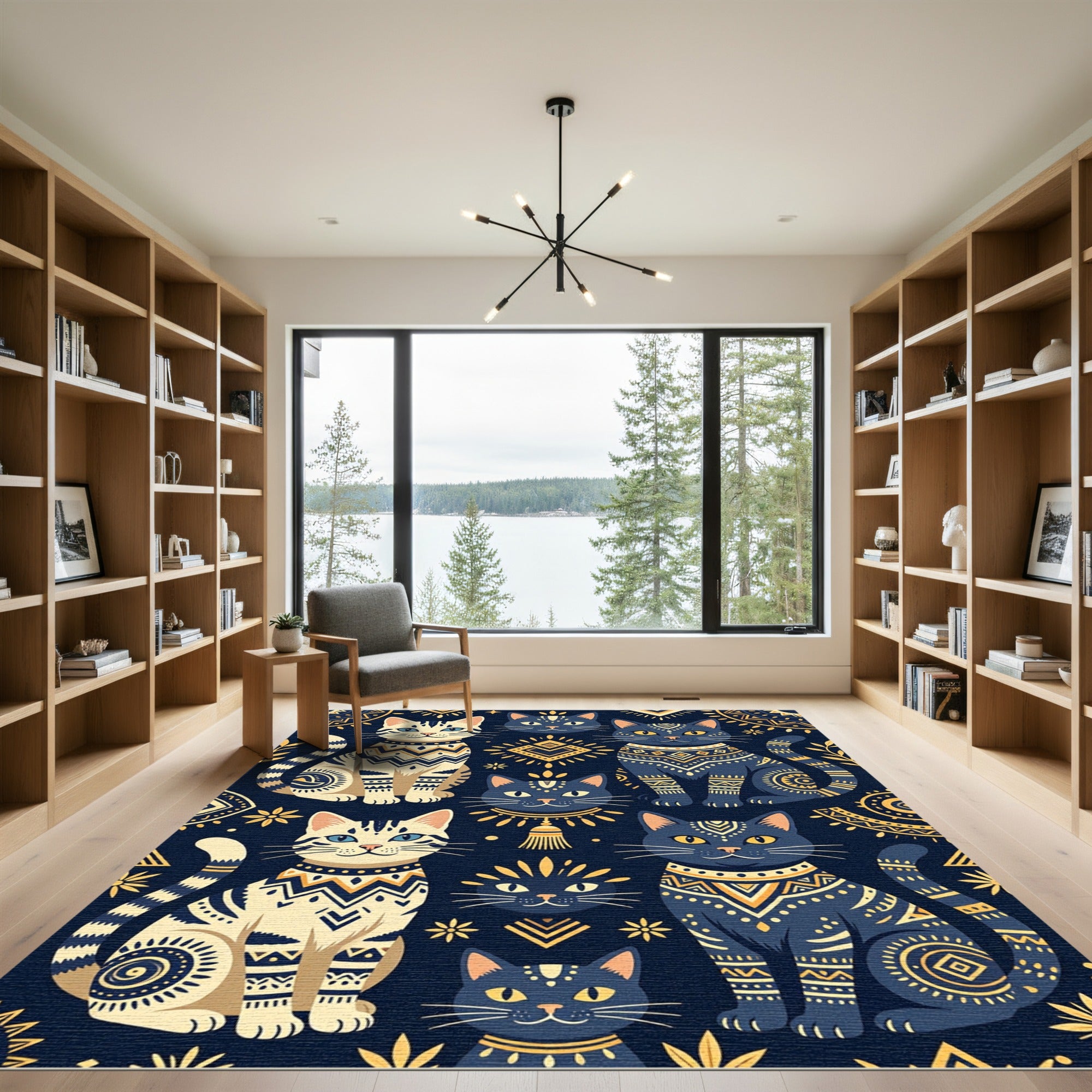 Midnight Navy Golden Folk Cat Art Rug