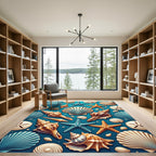 Coastal Blue Seashells and Starfish Art Rug