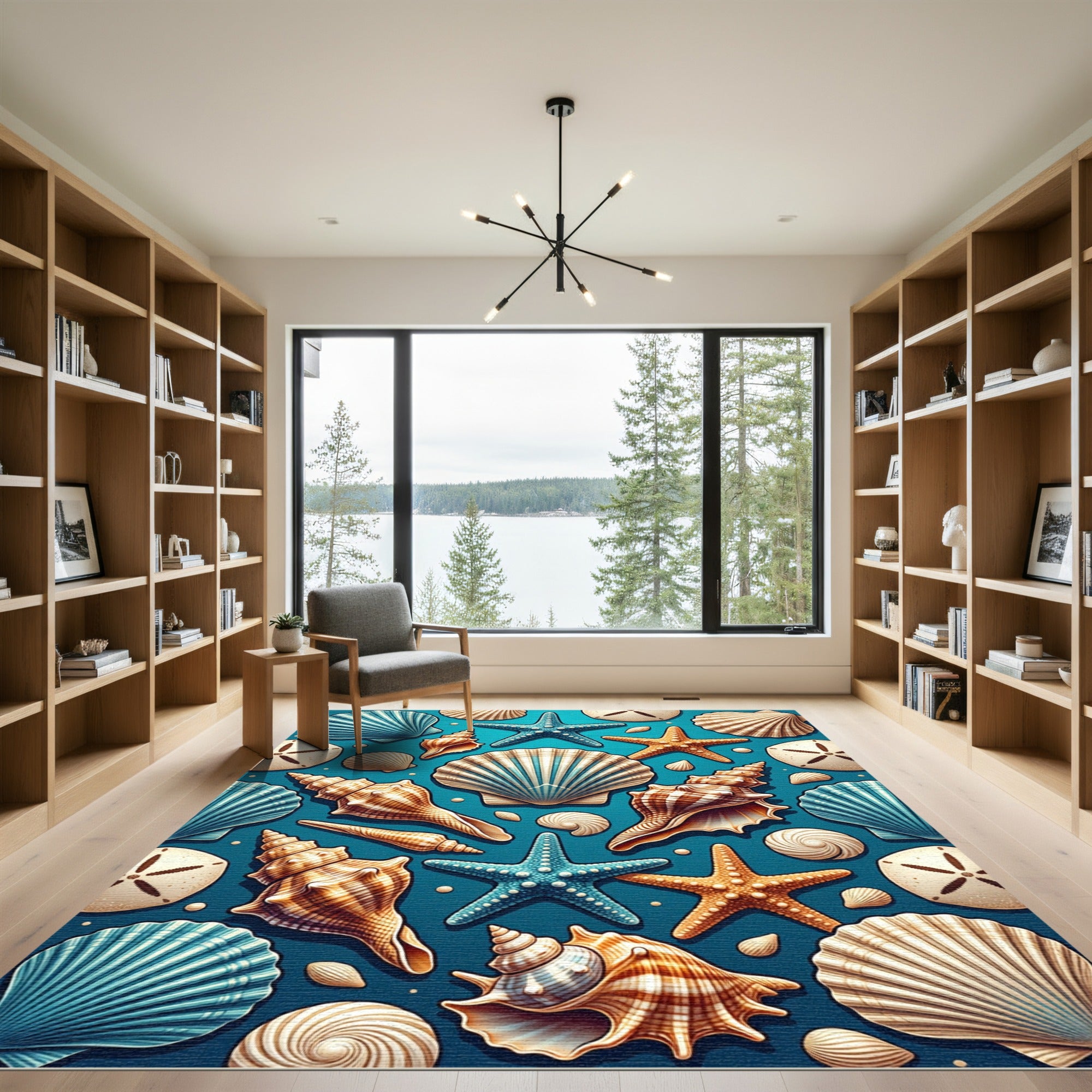 Coastal Blue Seashells and Starfish Art Rug