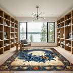 Vintage Blue Palm Floral Wreath Rug