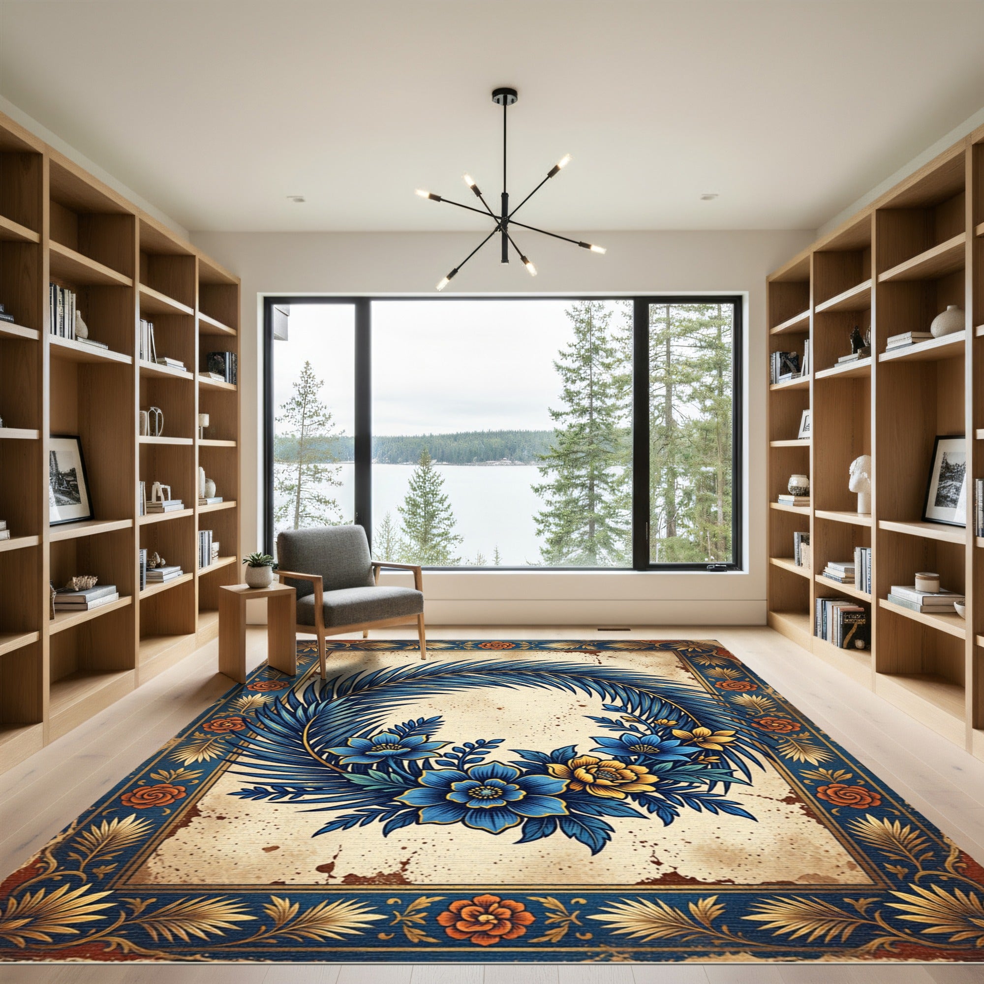 Vintage Blue Palm Floral Wreath Rug