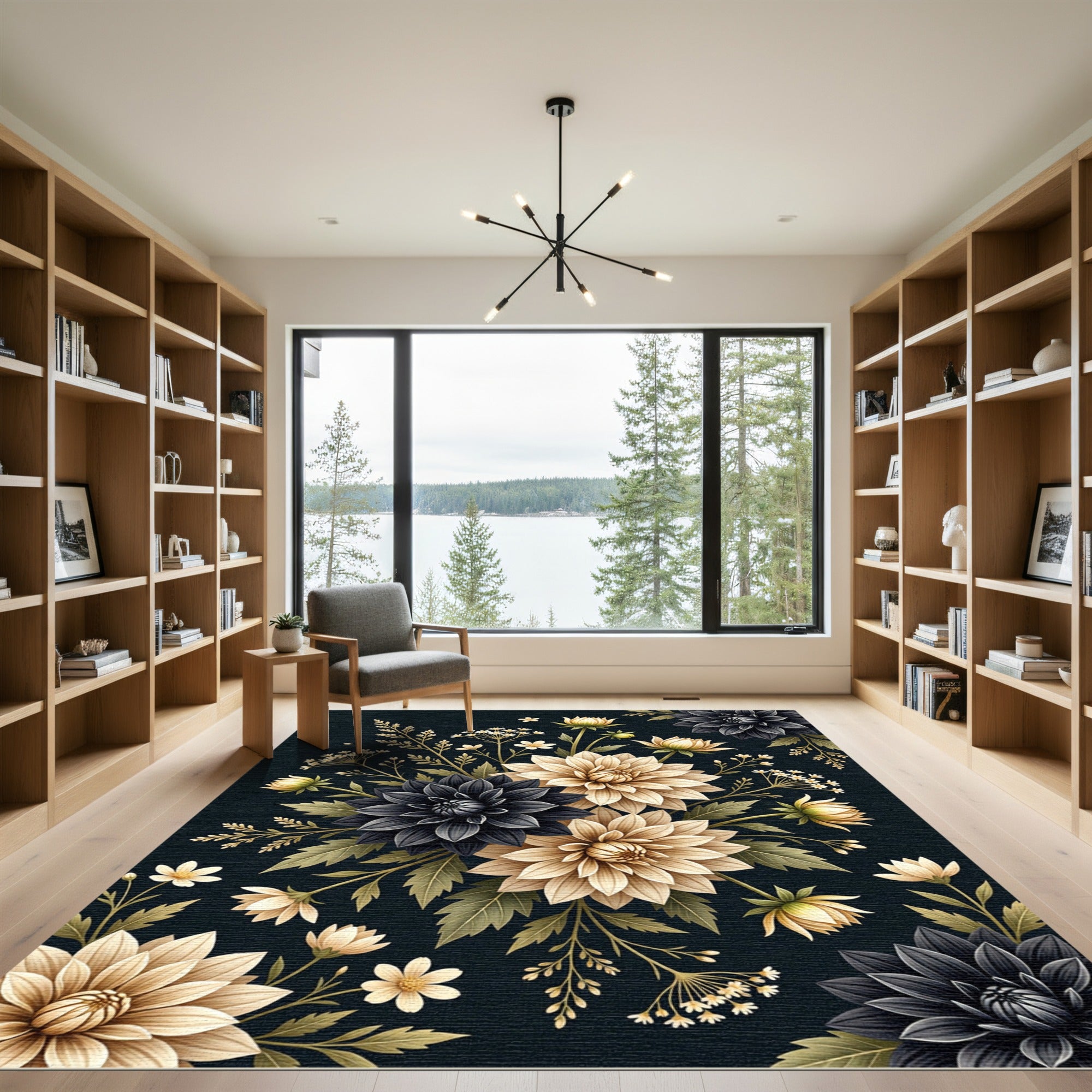 Dramatic Black Cream Floral Bouquet Rug