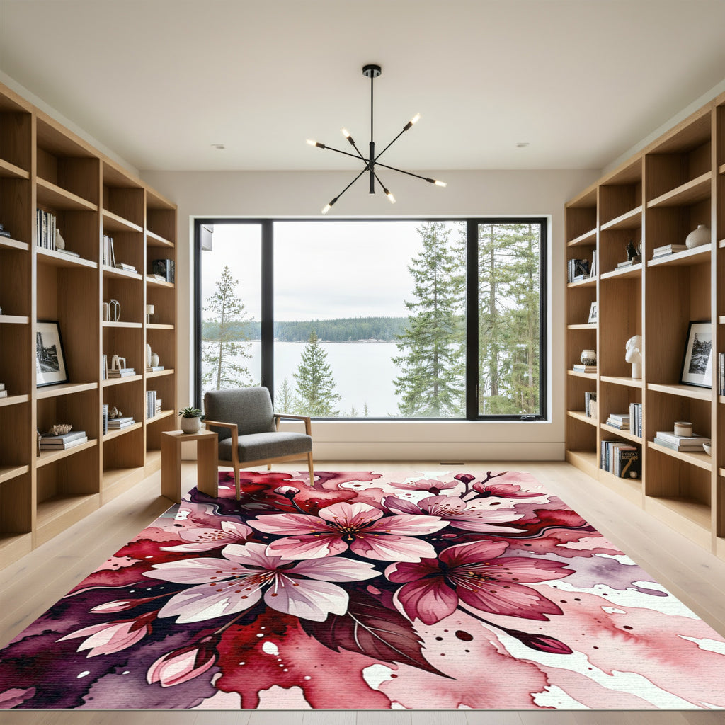 Romantic Pink Cherry Blossom Watercolor Rug