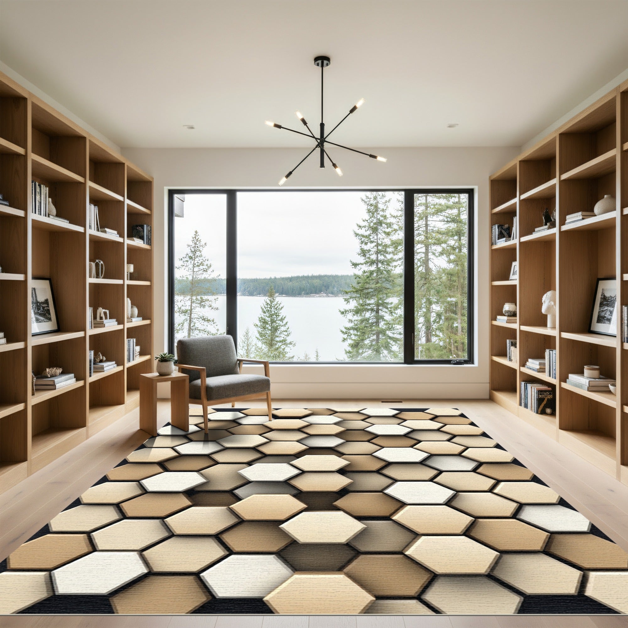 Neutral Beige Geometric Hexagon Mosaic Rug
