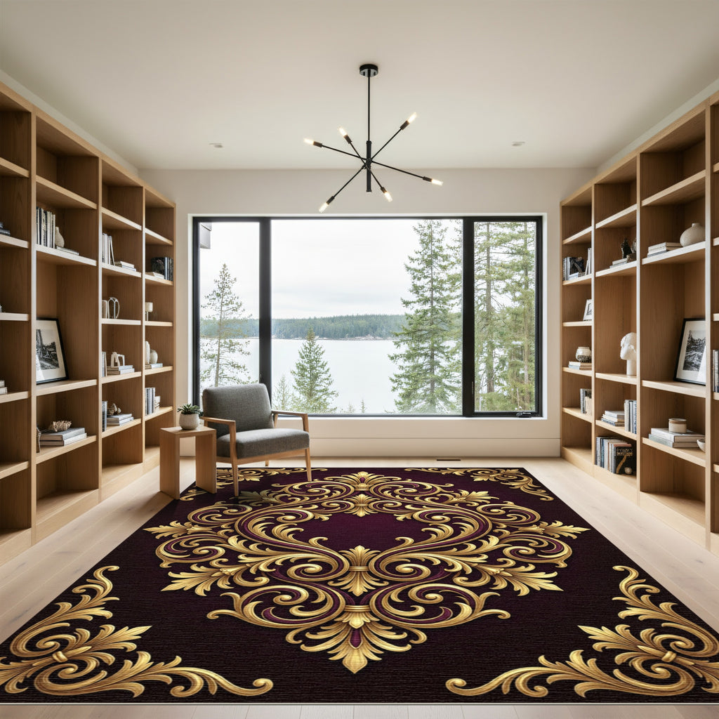 Regal Gold Floral Acanthus Swirls Rug